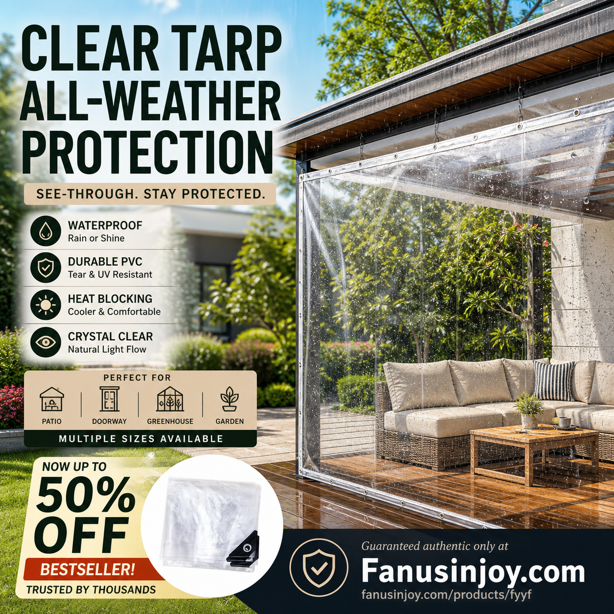 🔥FLASH SALE🔥 Heavy Duty Clear Tarp – 14 Mil PVC, Weatherproof, Tear-Resistant, UV & Mildew Proof – Patio, Camping & More! 🛡️🌧️