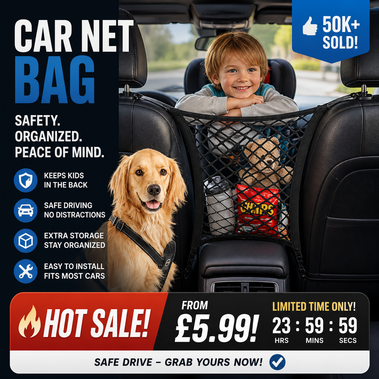 🥳HOT SALE🥳💞50K+ SOLD! Car Net Bag – From £5.99! Keeps pets/kids safe, organizes essentials & easy install. Safe drive – grab yours! ✅