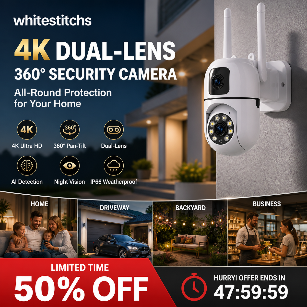🔍🔍360° Pan & Tilt 4K Dual Lens Security Camera – Outdoor WiFi Surveillance Camera