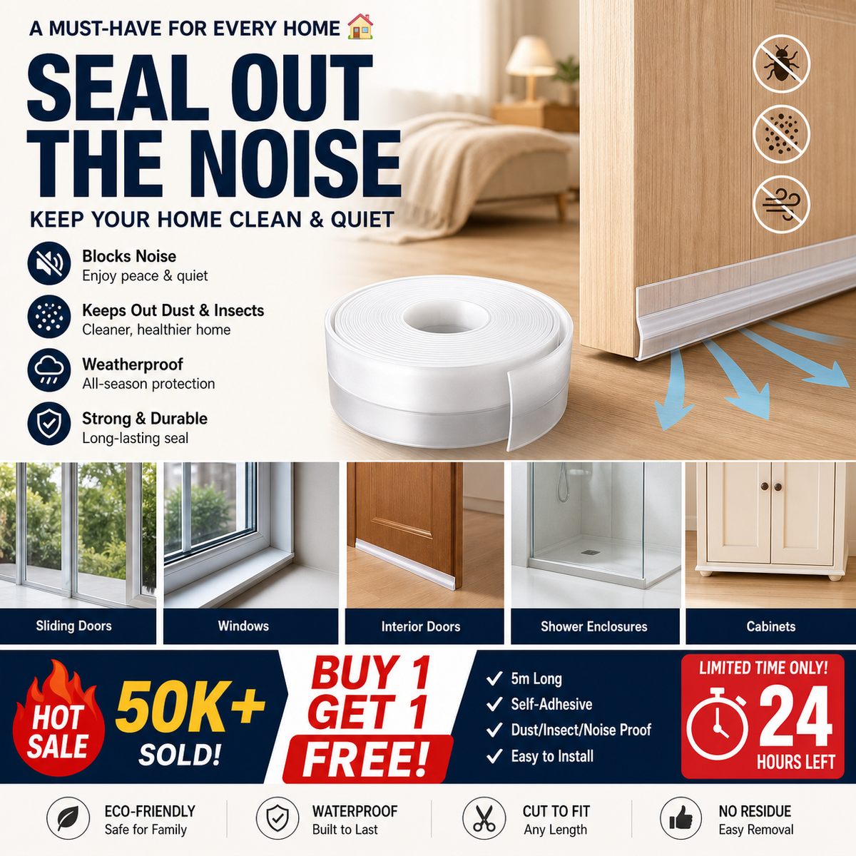 🥳HOT SALE🥳💞50K+ SOLD! Door Seal Strip – BUY 1 GET 1 FREE! 5m, self-adhesive & dust/insect/noise proof. Quiet home – grab yours! ✅