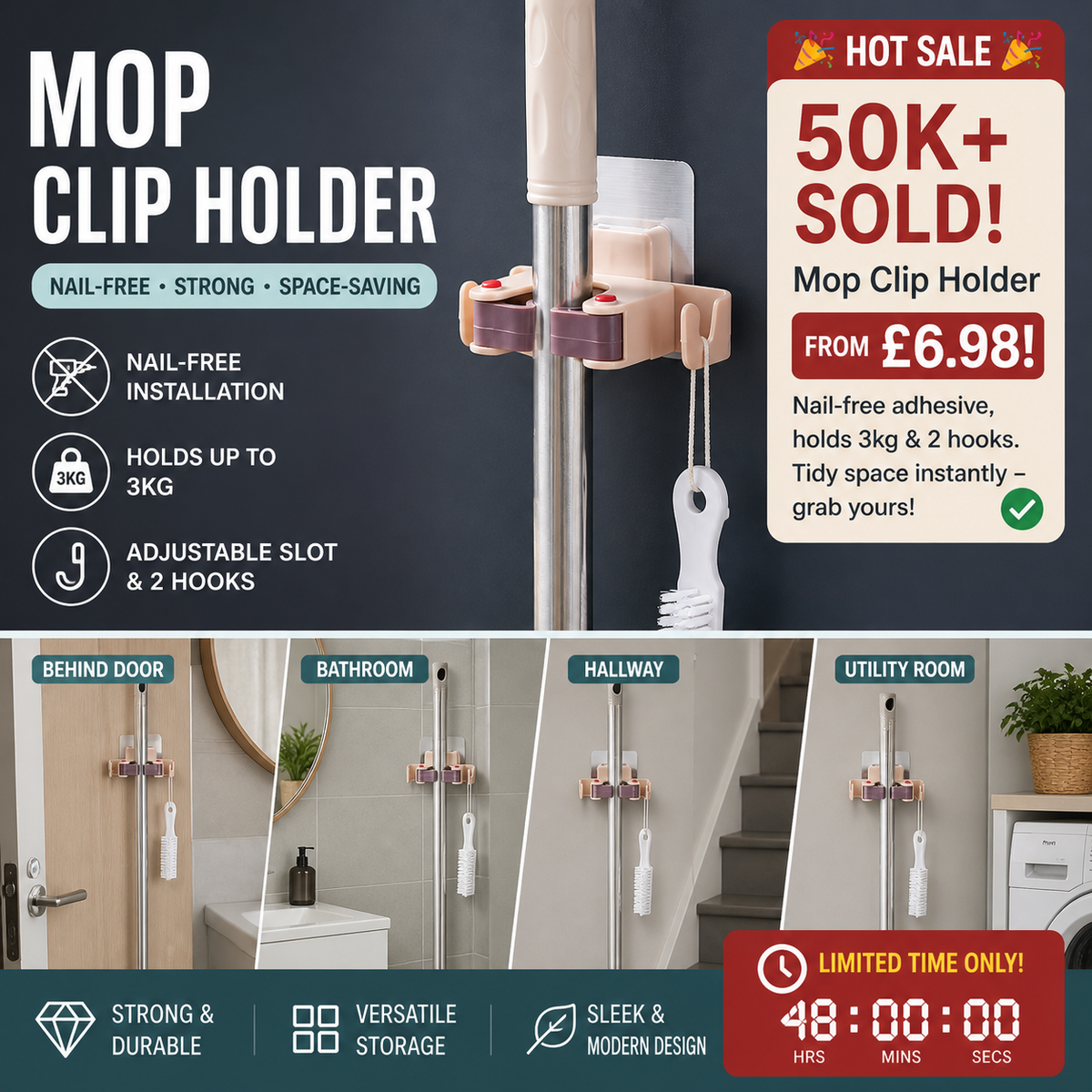🥳HOT SALE🥳💞50K+ SOLD! Mop Clip Holder – From £6.98! Nail-free adhesive, holds 3kg & 2 hooks. Tidy space instantly – grab yours! ✅