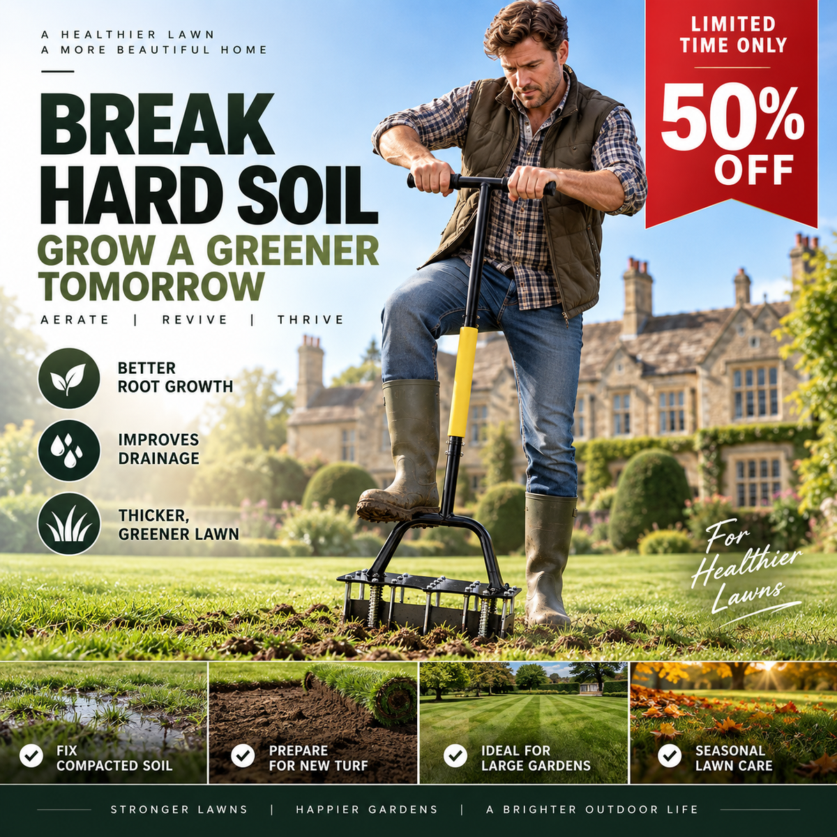 🌱 Heavy-Duty Lawn Aerator – Step In, Loosen Tough Soil & Keep Working 💪