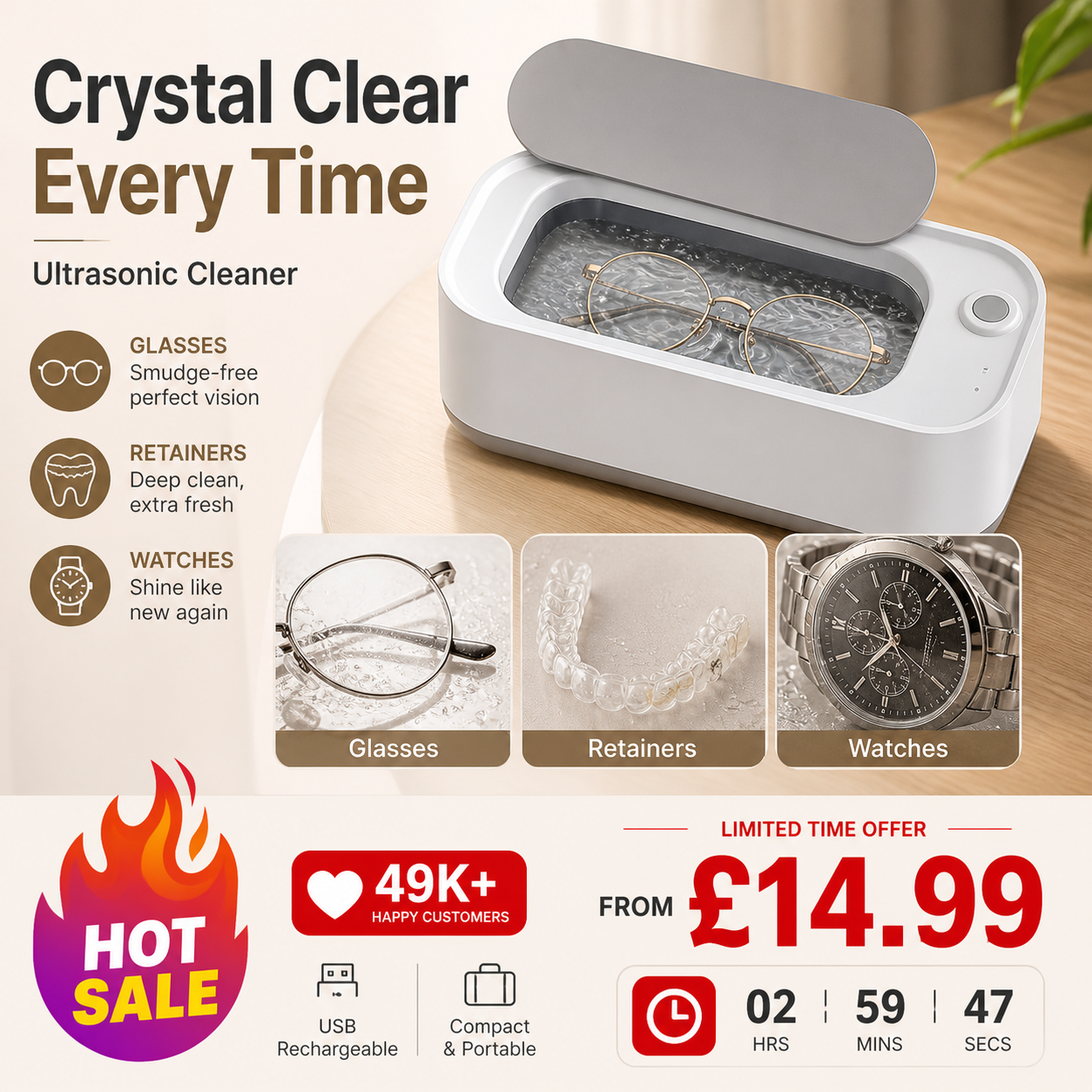 🥳HOT SALE🥳💞49K+ SOLD! Ultrasonic Cleaner – From £14.99! Removes dirt, gentle & portable. Crystal clear glasses – grab yours! ✅