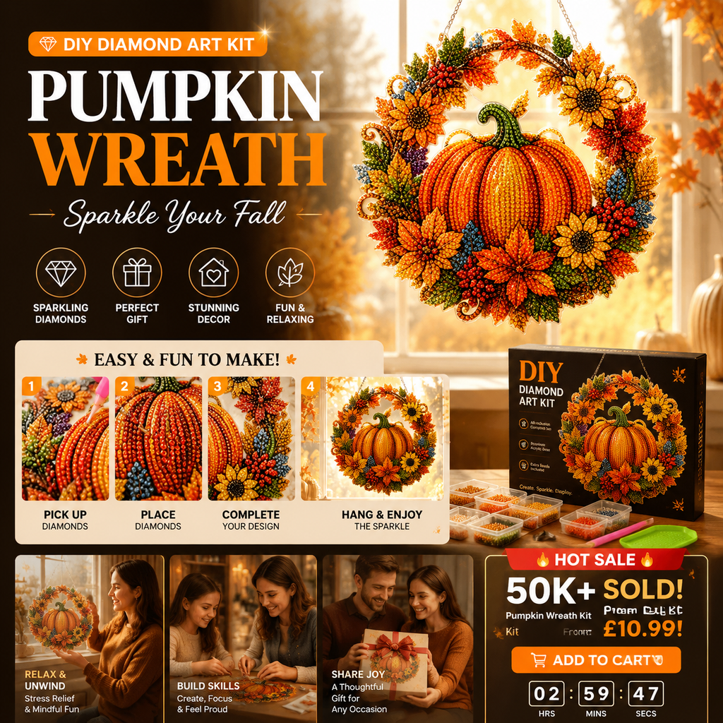 🥳HOT SALE🥳💞50K+ SOLD! Pumpkin Wreath Kit – From £10.99! Complete DIY, acrylic base & sparkling resin beads. Festive fall decor – grab yours! ✅