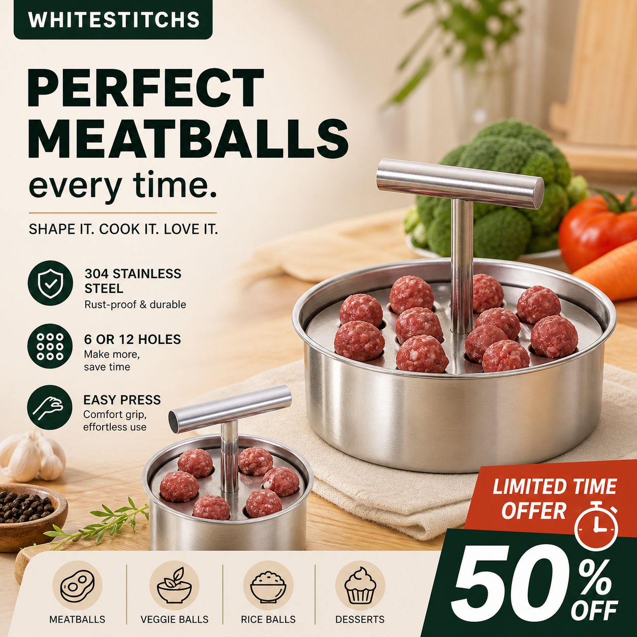 🥳HOT SALE🥳💞50K+ SOLD! Meatball Mould – From £8.99! 304 steel, 6/12 holes & ergonomic. Perfect balls every time – grab yours! ✅