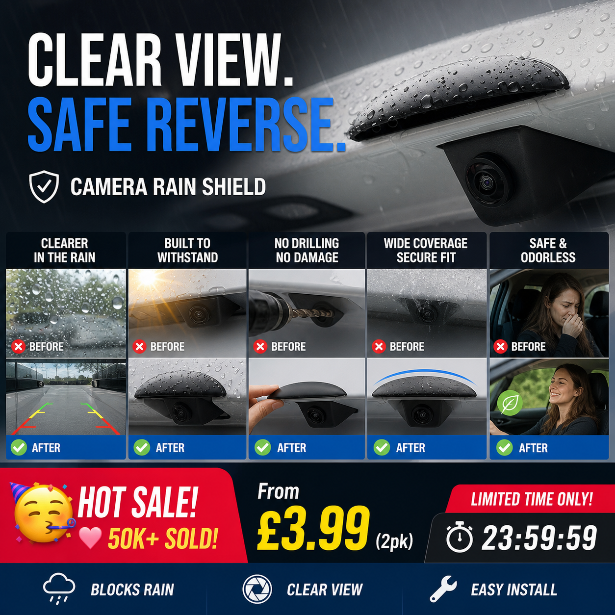 🥳HOT SALE🥳💞50K+ SOLD! Camera Rain Shield – From £3.99(2pk)! Blocks rain, clear view & easy install. Safe reversing – grab yours! ✅
