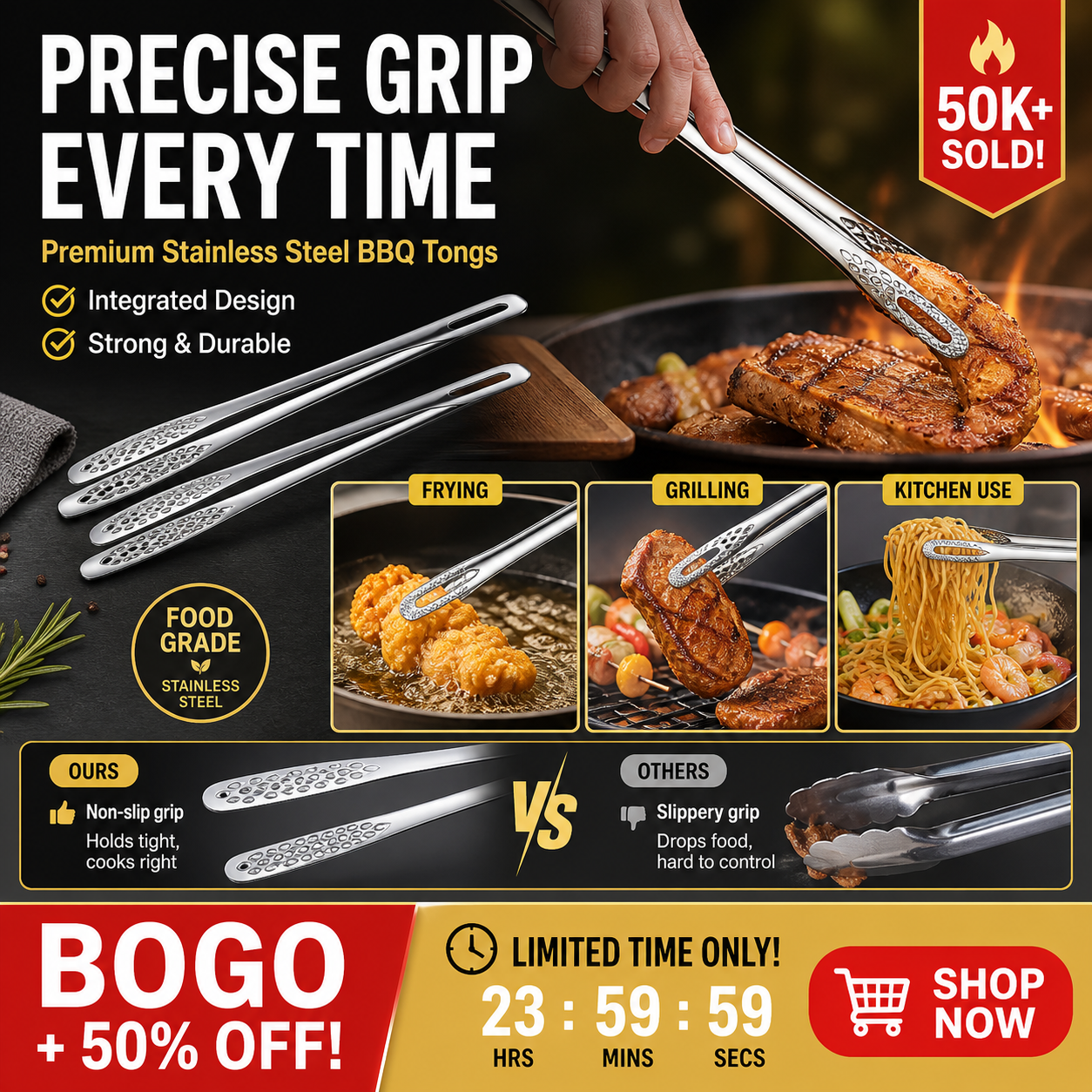 🥳HOT SALE🥳💞50K+ SOLD! BBQ Tongs – BOGO + 50% OFF! Integrated, easy grip & food-grade steel. Grill & kitchen favorite – grab yours! ✅