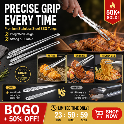 🥳HOT SALE🥳💞50K+ SOLD! BBQ Tongs – BOGO + 50% OFF! Integrated, easy grip & food-grade steel. Grill & kitchen favorite – grab yours! ✅