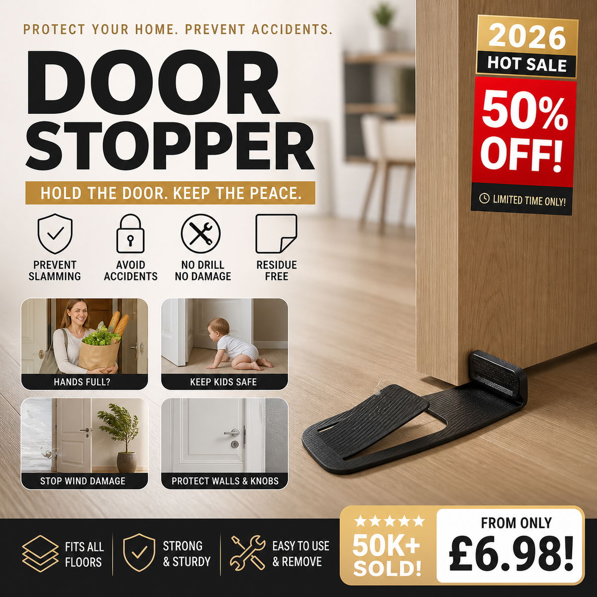 🥳2026 HOT SALE🥳💞50K+ SOLD! 🚪🎁 50% OFF! Door Stopper Protector – From £6.98! No-drill, residue-free & holds doors open. Safe & simple – stock up & save! 🏠✅