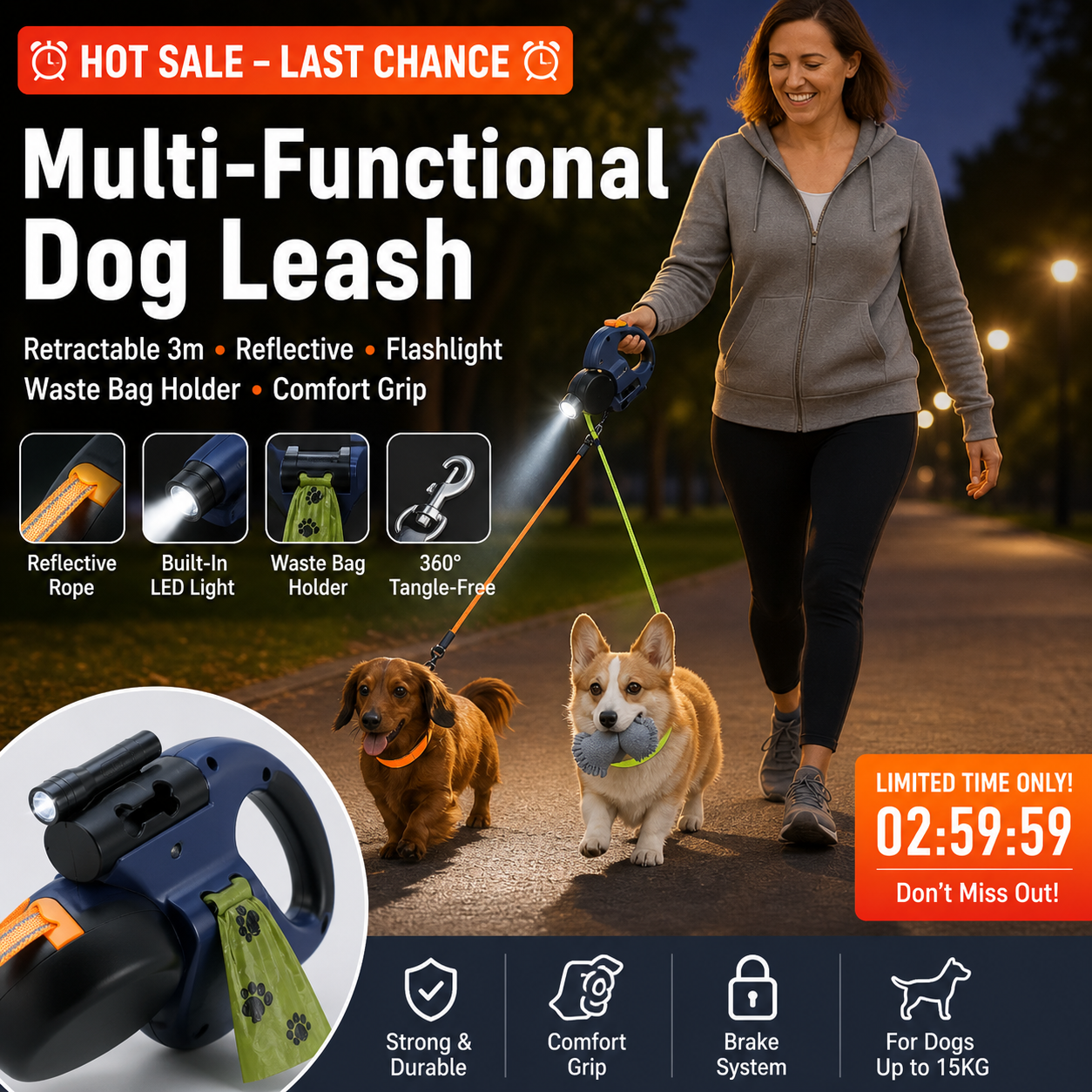 ⏰HOT SALE – LAST CHANCE⏰ Multi-Functional Pet Walking Leash – Retractable 3m, Reflective – Flashlight & Waste Bag Holder – Comfort Grip! 🔥